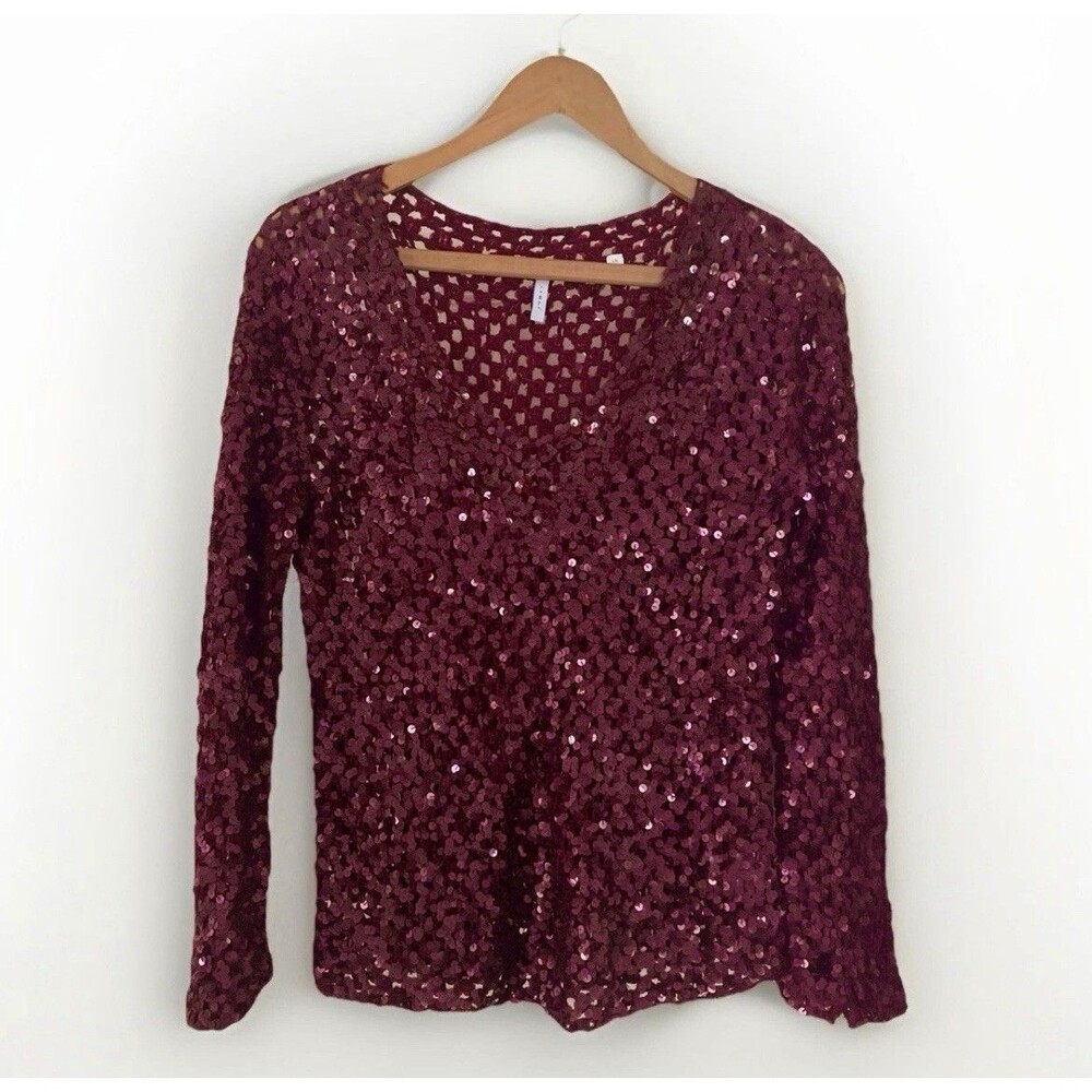 IISLI Womens sz L 100% Wool Burgundy ‎ Sequins Pullover Sweater Top Open Knit